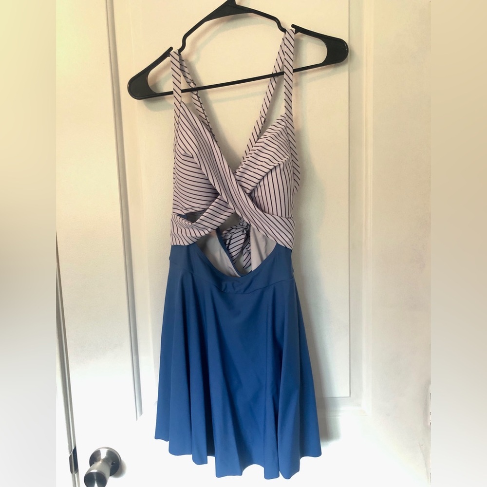 Striped Halter Swim Dress with Blue Skirt